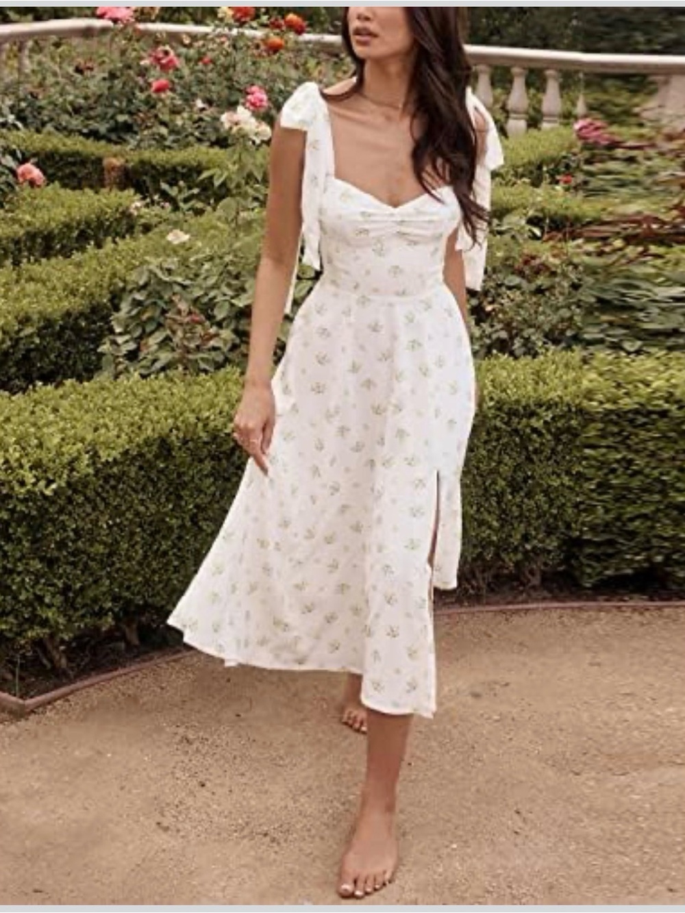 White Floral Tie-Shoulder Midi Dress